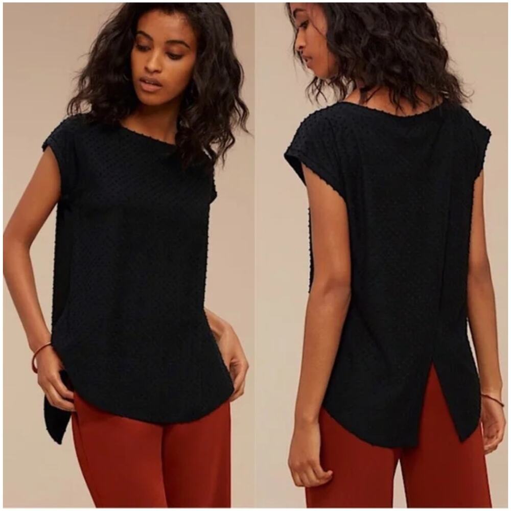 Aritzia Wilfred Black Swiss Dot‎ Anvers Slit Back Cap Sleeve Top Womens Medium